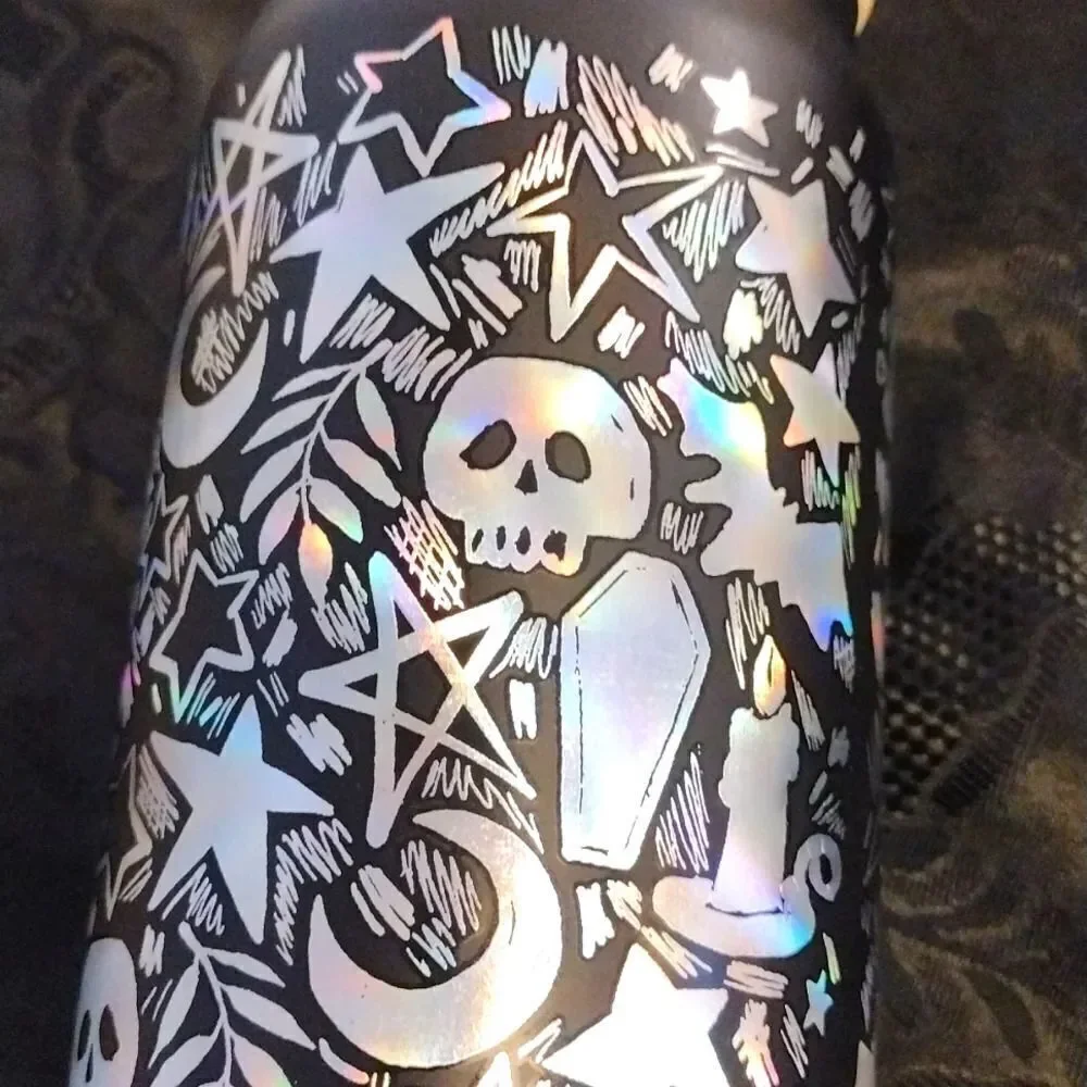 Halloween Black Iridescent‎ Skulls Printed Glass Coffee Cup with Straw NWT